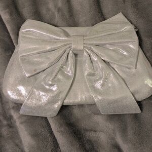 Champagne Silver Satin Evening Clutch w/ Bow – Wedding Prom Purse